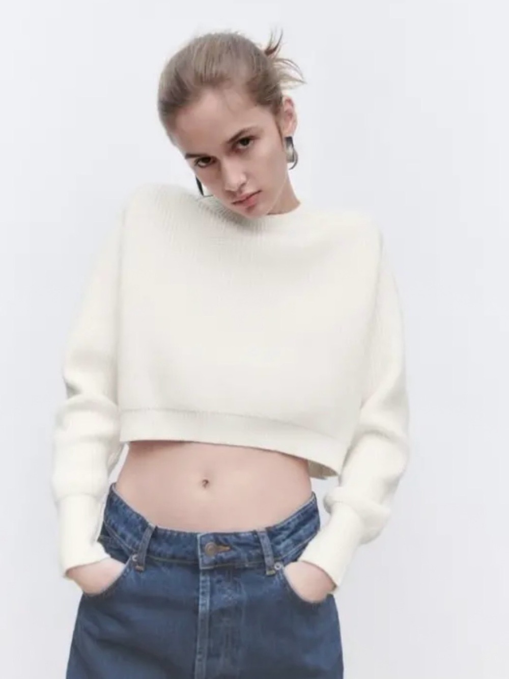 Zara Cream Cropped Crewneck Sweater